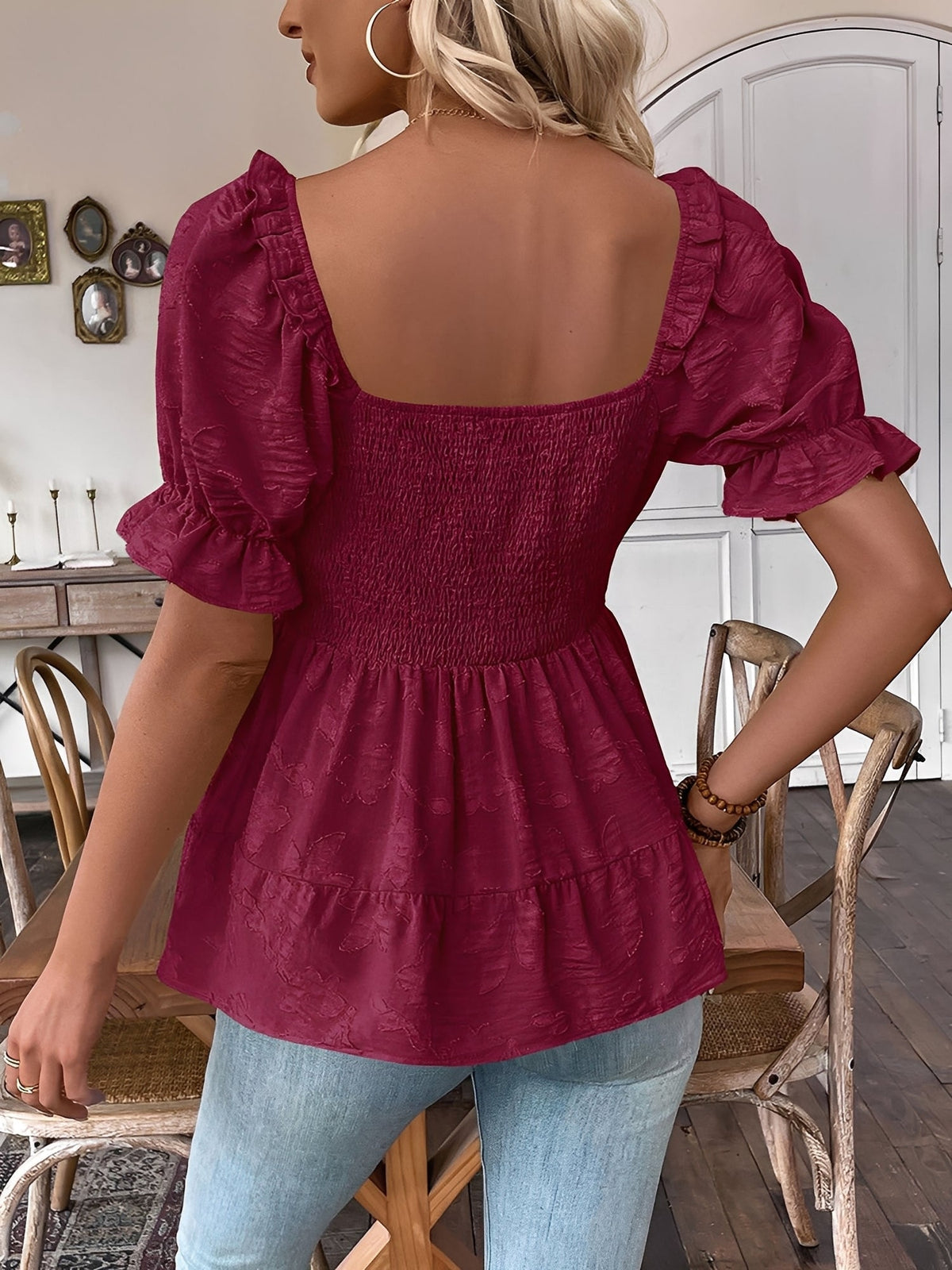Square Neck Puff Sleeves Smocked Waist Blouse