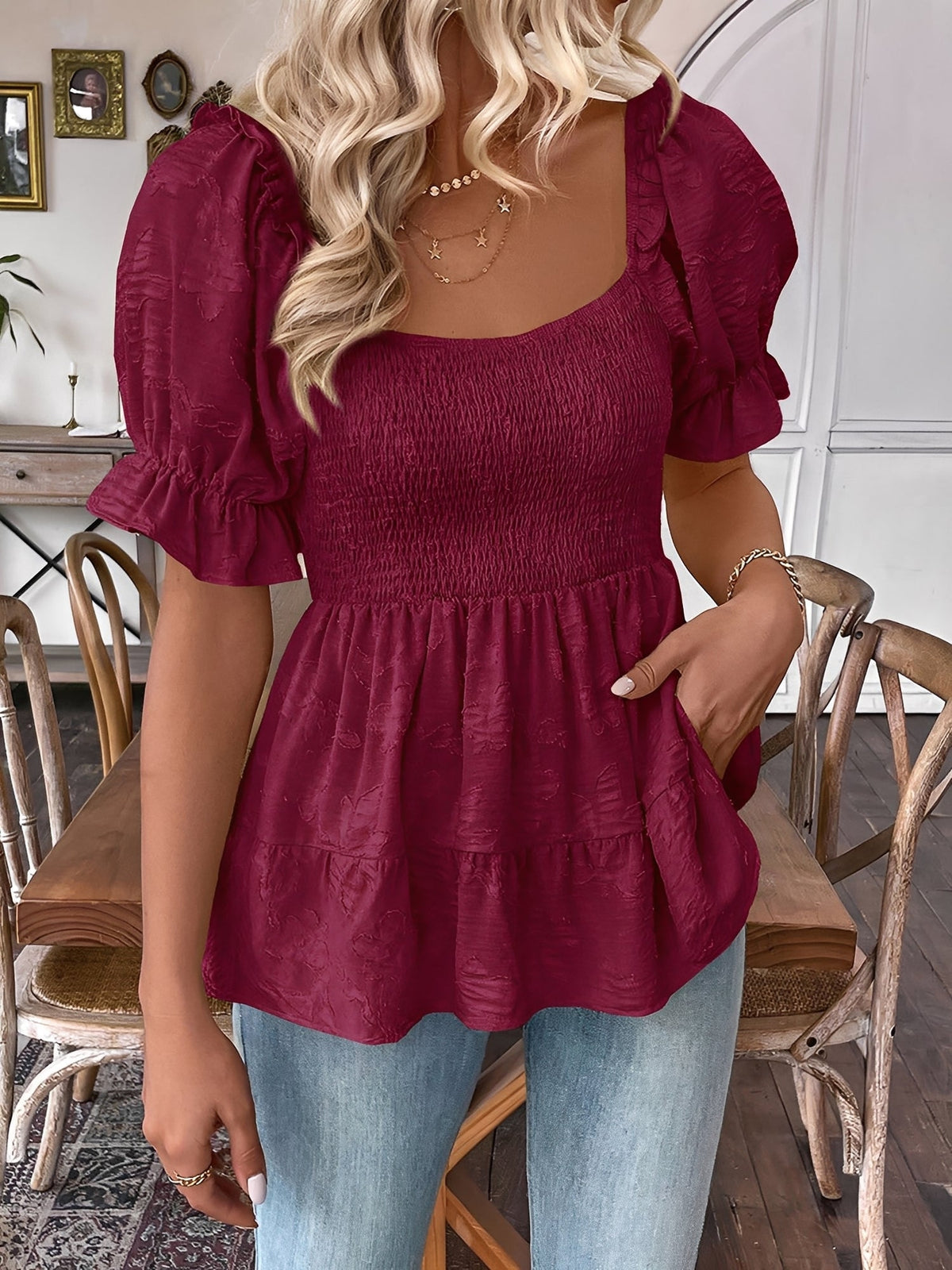 Square Neck Puff Sleeves Smocked Waist Blouse