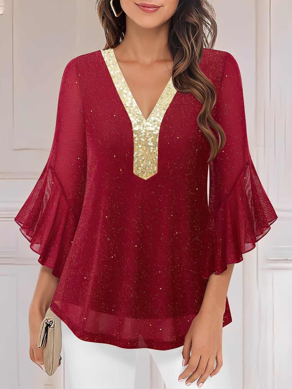 Sequined Deep V Neck Colorblock Flounce Sleeves Blouse