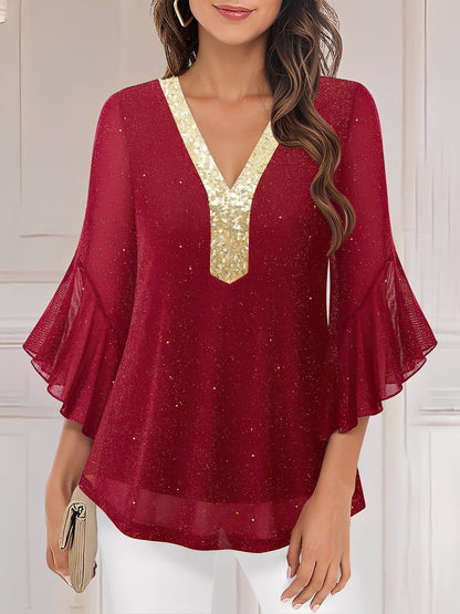 Sequined Deep V Neck Colorblock Flounce Sleeves Blouse