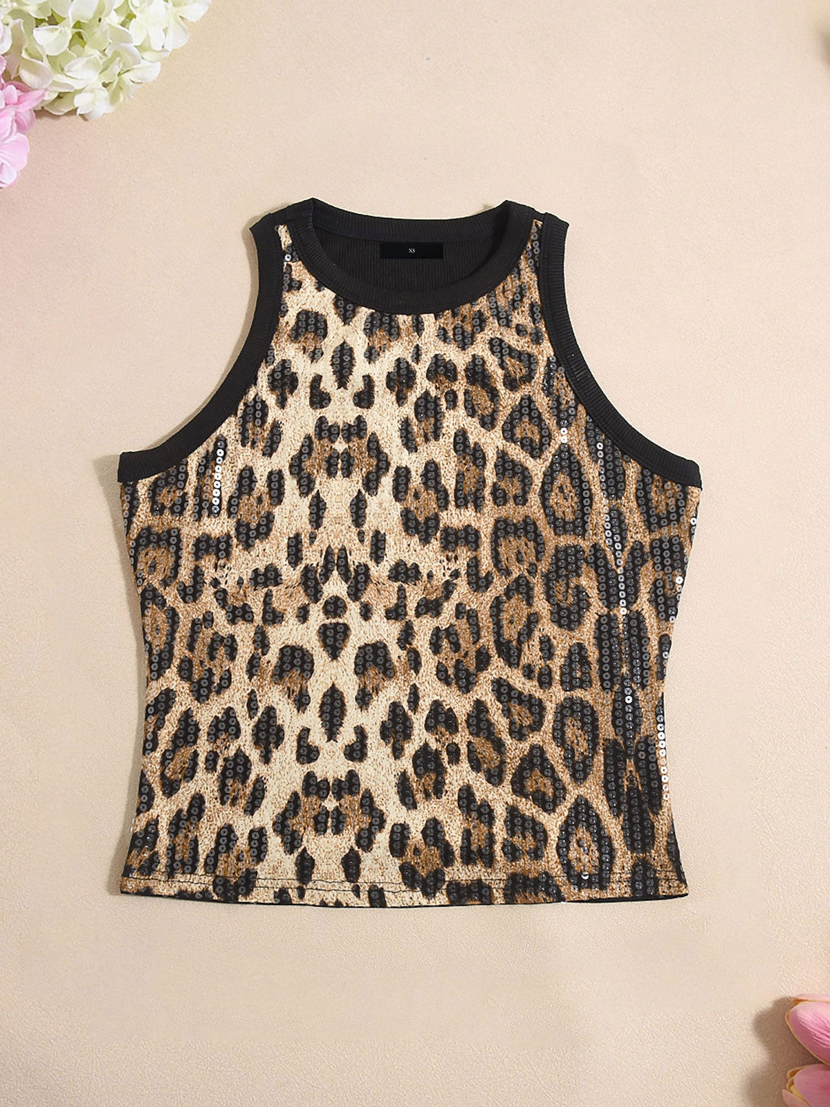 Sequin Leopard Color-Block Sleeveless Top