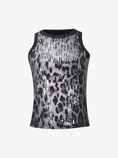 Sequin Leopard Color-Block Sleeveless Top