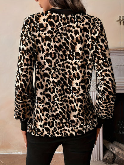 Leopard Print Bishop Sleeve V Neck Blouse