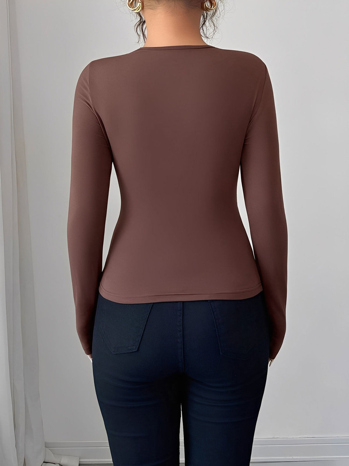 Asymmetrical Keyhole Metal-Embellished Leopard Long Sleeves Blouse