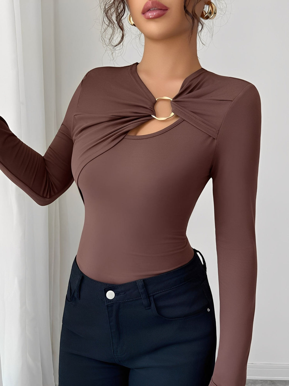 Asymmetrical Keyhole Metal-Embellished Leopard Long Sleeves Blouse