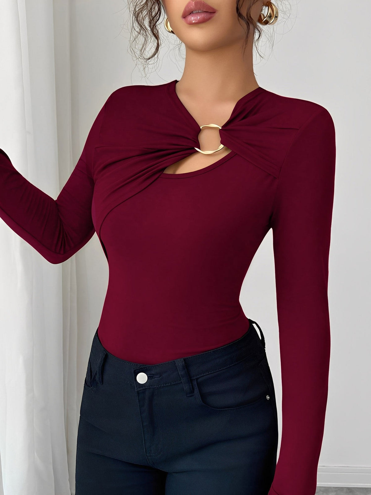 Asymmetrical Keyhole Metal-Embellished Leopard Long Sleeves Blouse