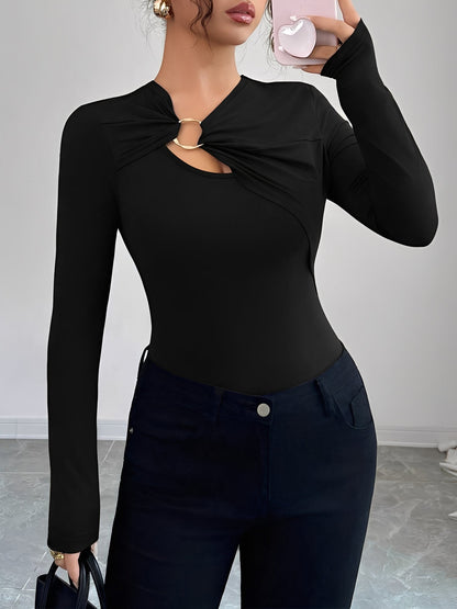 Asymmetrical Keyhole Metal-Embellished Leopard Long Sleeves Blouse