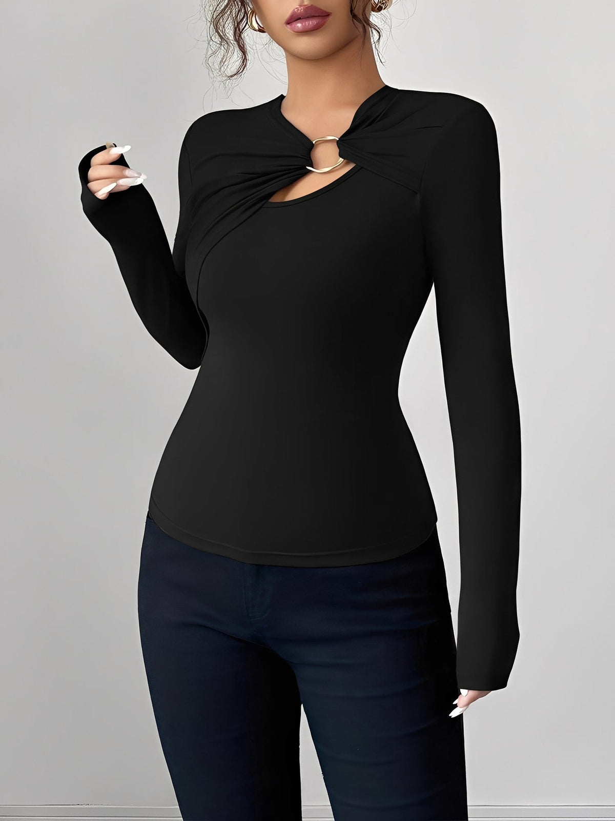 Asymmetrical Keyhole Metal-Embellished Leopard Long Sleeves Blouse
