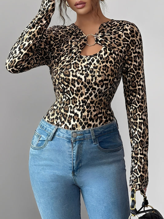 Asymmetrical Keyhole Metal-Embellished Leopard Long Sleeves Blouse