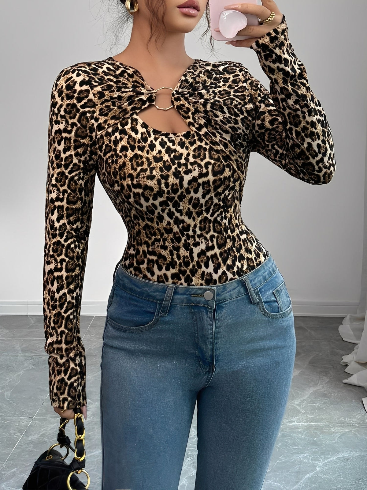 Asymmetrical Keyhole Metal-Embellished Leopard Long Sleeves Blouse