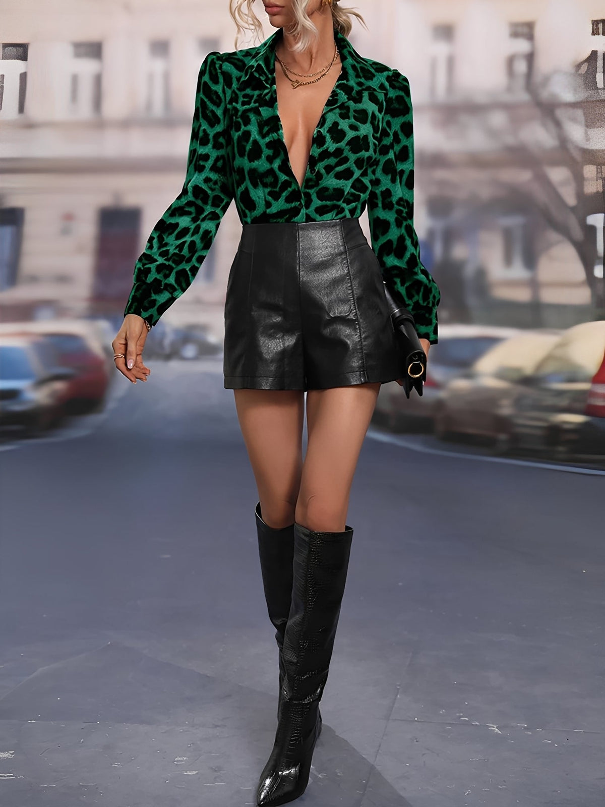 Satin Leopard Print Long Sleeve Button Down Shirt