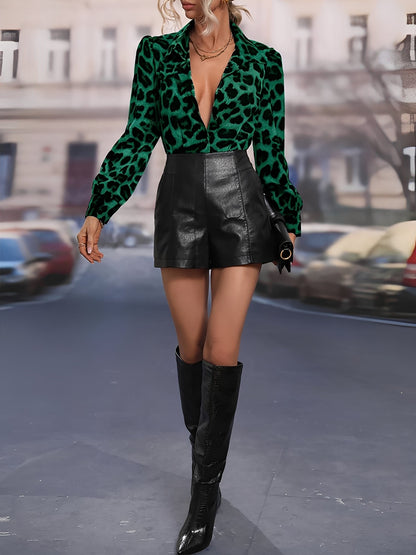 Satin Leopard Print Long Sleeve Button Down Shirt