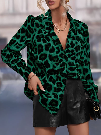 Satin Leopard Print Long Sleeve Button Down Shirt