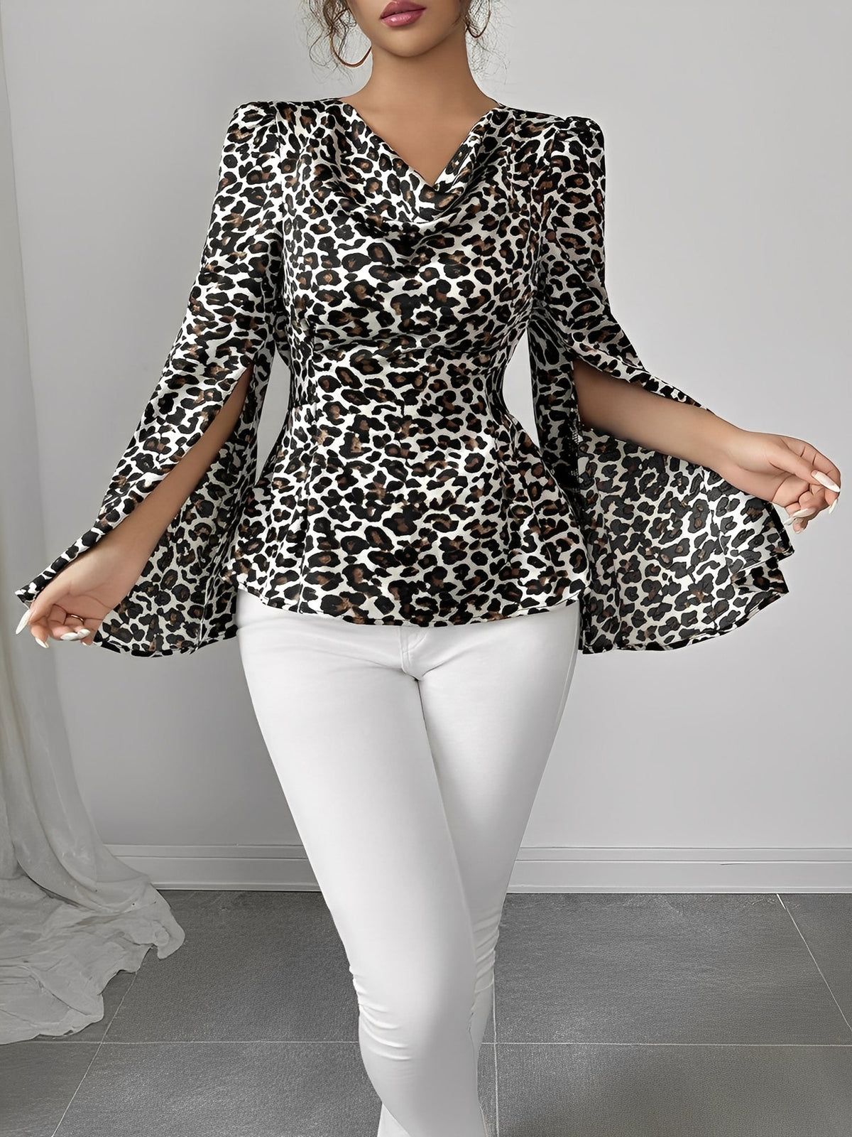 Cowl Neck Leopard Print Split Long Sleeve Blouse