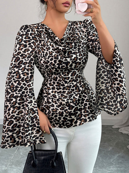 Cowl Neck Leopard Print Split Long Sleeve Blouse