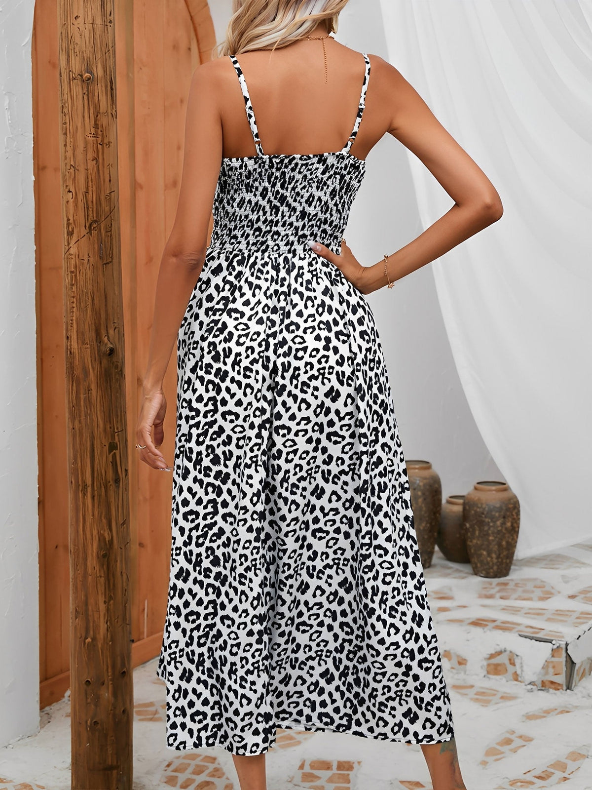 Leopard Print Spaghetti Strap Smocked Midi Dress