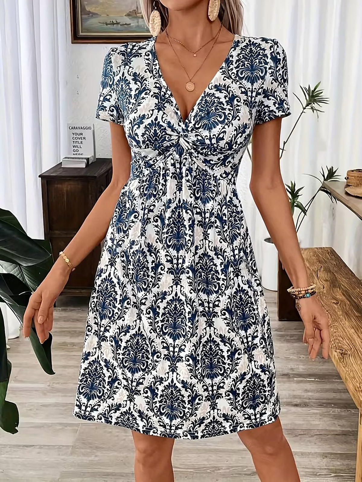 Short Sleeve V Neck Ruched Leopard Dress