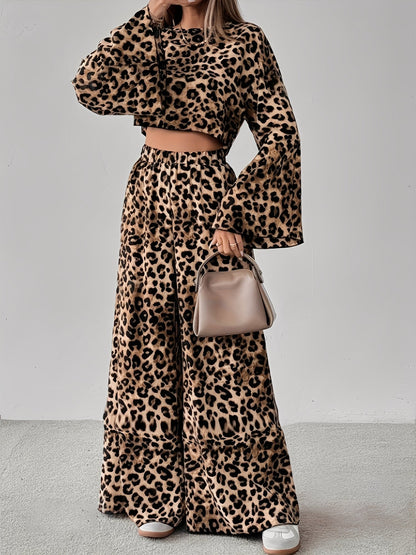 2 Pieces Leopard Print Bell Sleeve Copped Tops & Wide Legs Pants Matching Set