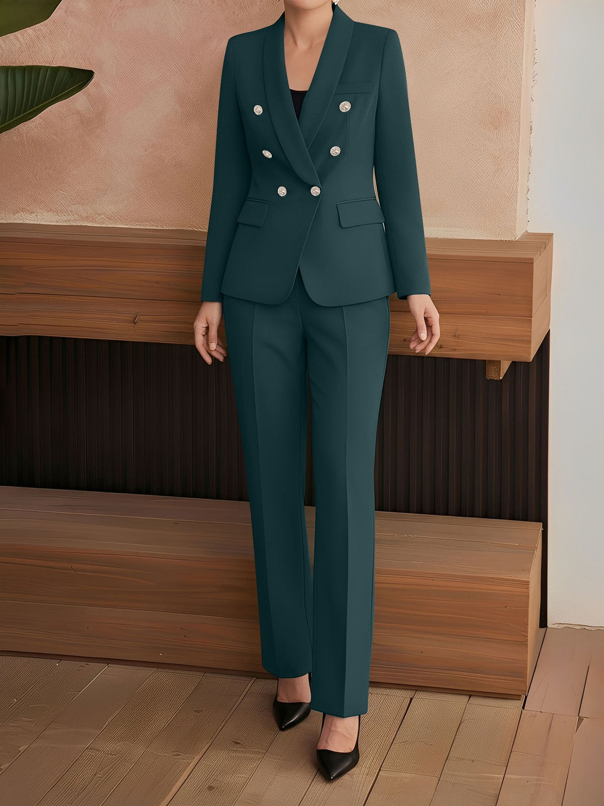 2 Pieces Shawl Collar Double Breasted Blazer & Straight Legs Trousers Pants Suit Set