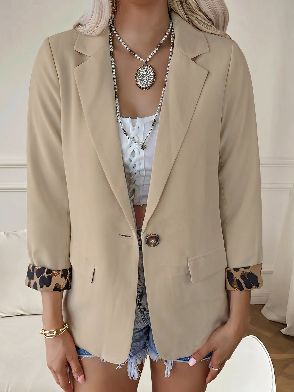 Leopard Patchwork Long Sleeve Business Casual Blazer