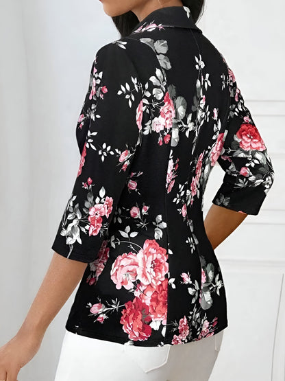 3/4 Sleeve Floral Notched Lapel Blazer