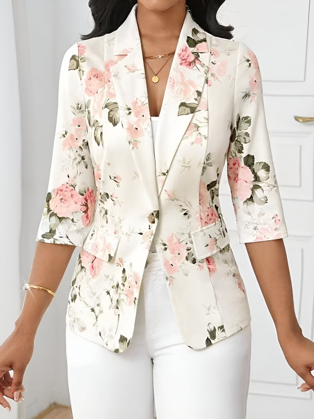 3/4 Sleeve Floral Notched Lapel Blazer