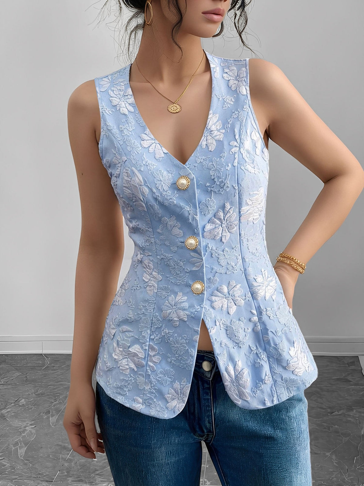 Floral Textured Sleeveless V Neck Casual Vest