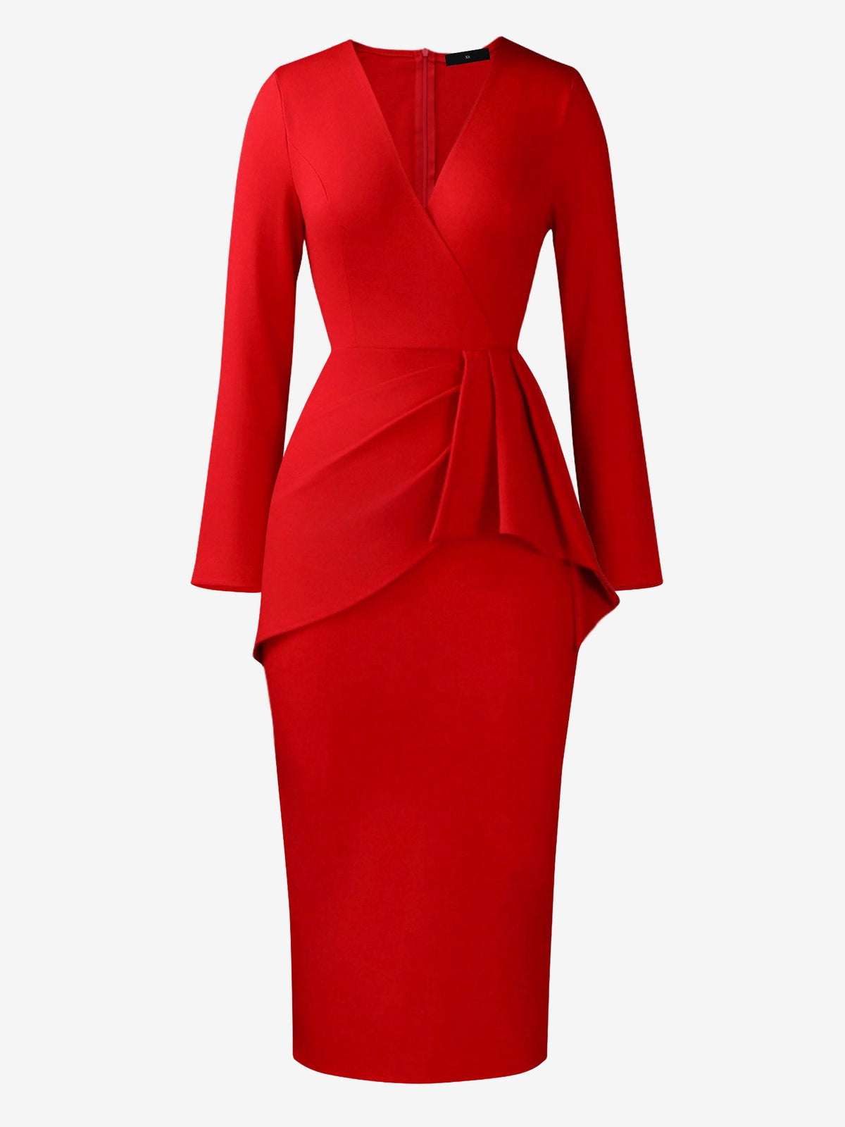 Pleated V Neck Long Sleeves Bodycon Midi Dress