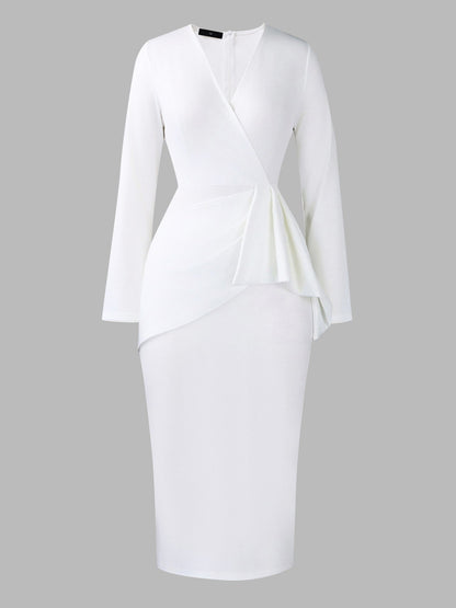 Pleated V Neck Long Sleeves Bodycon Midi Dress