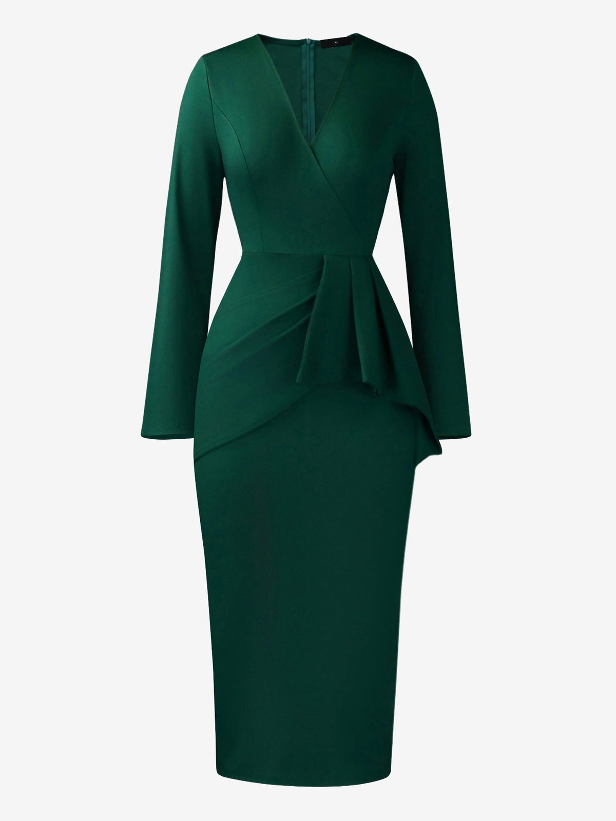 Pleated V Neck Long Sleeves Bodycon Midi Dress