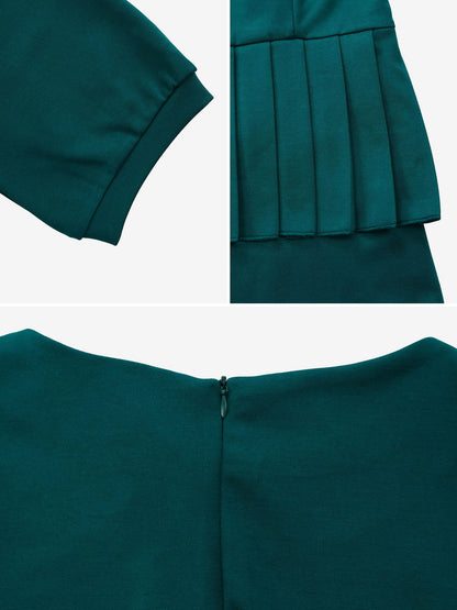 3/4 Puff Sleeves Belted Midi Pleated Sheath Dress