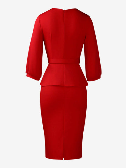 3/4 Puff Sleeves Belted Midi Pleated Sheath Dress