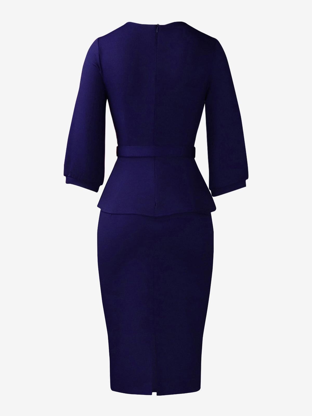 3/4 Puff Sleeves Belted Midi Pleated Sheath Dress