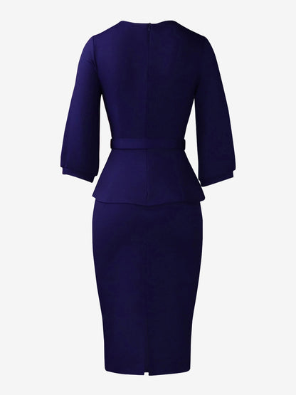 3/4 Puff Sleeves Belted Midi Pleated Sheath Dress