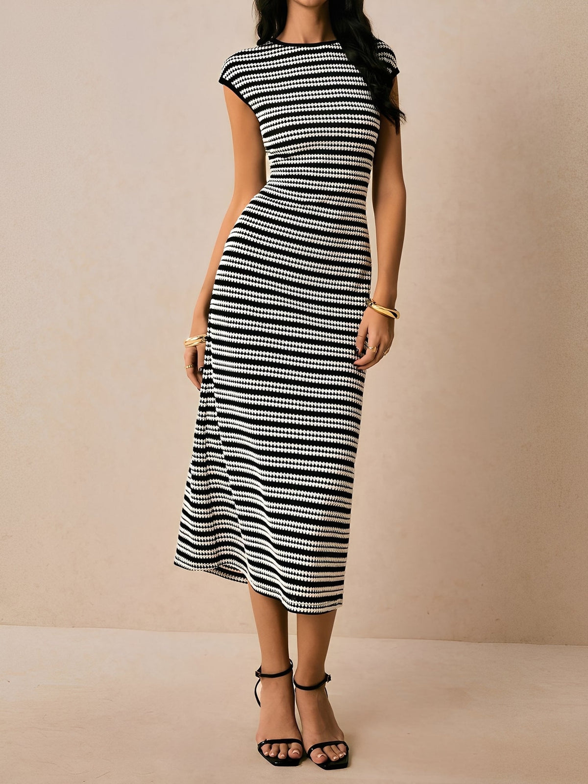 Striped Textured Boat Neck Cap Sleeves Dress