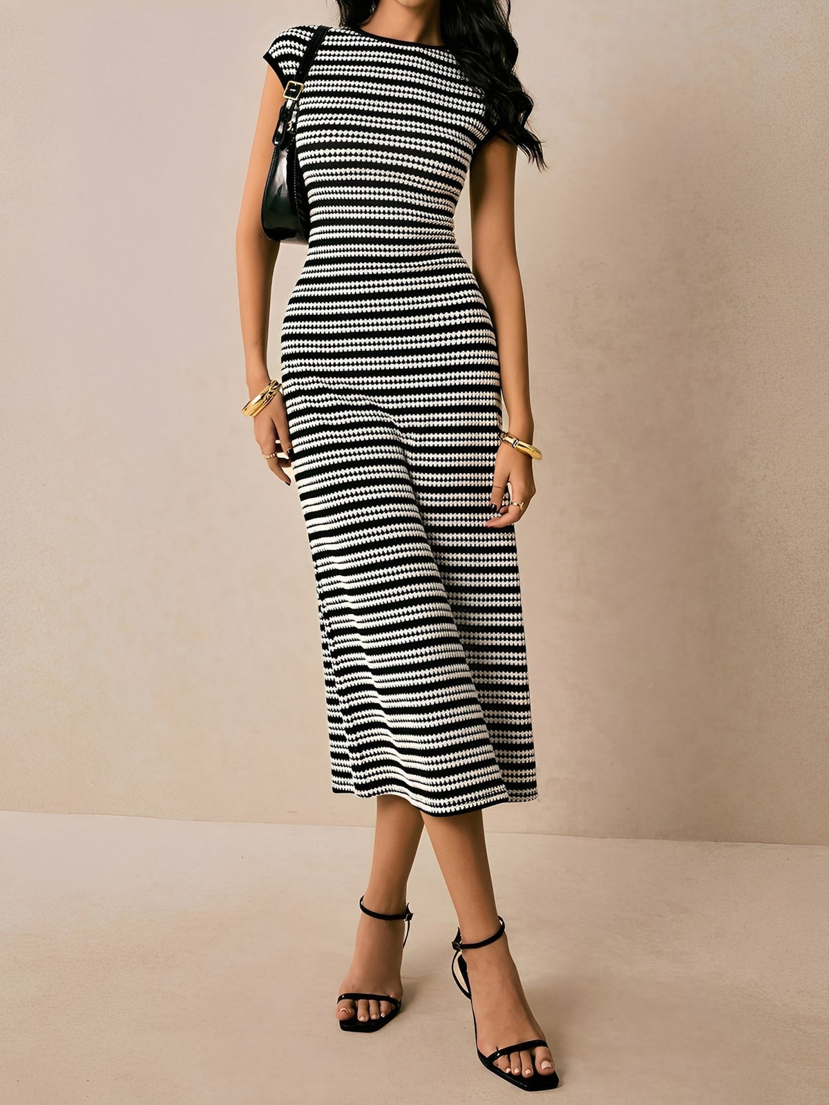 Striped Textured Boat Neck Cap Sleeves Dress
