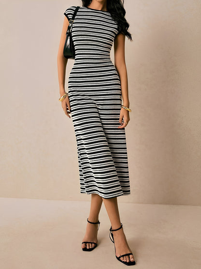 Striped Textured Boat Neck Cap Sleeves Dress