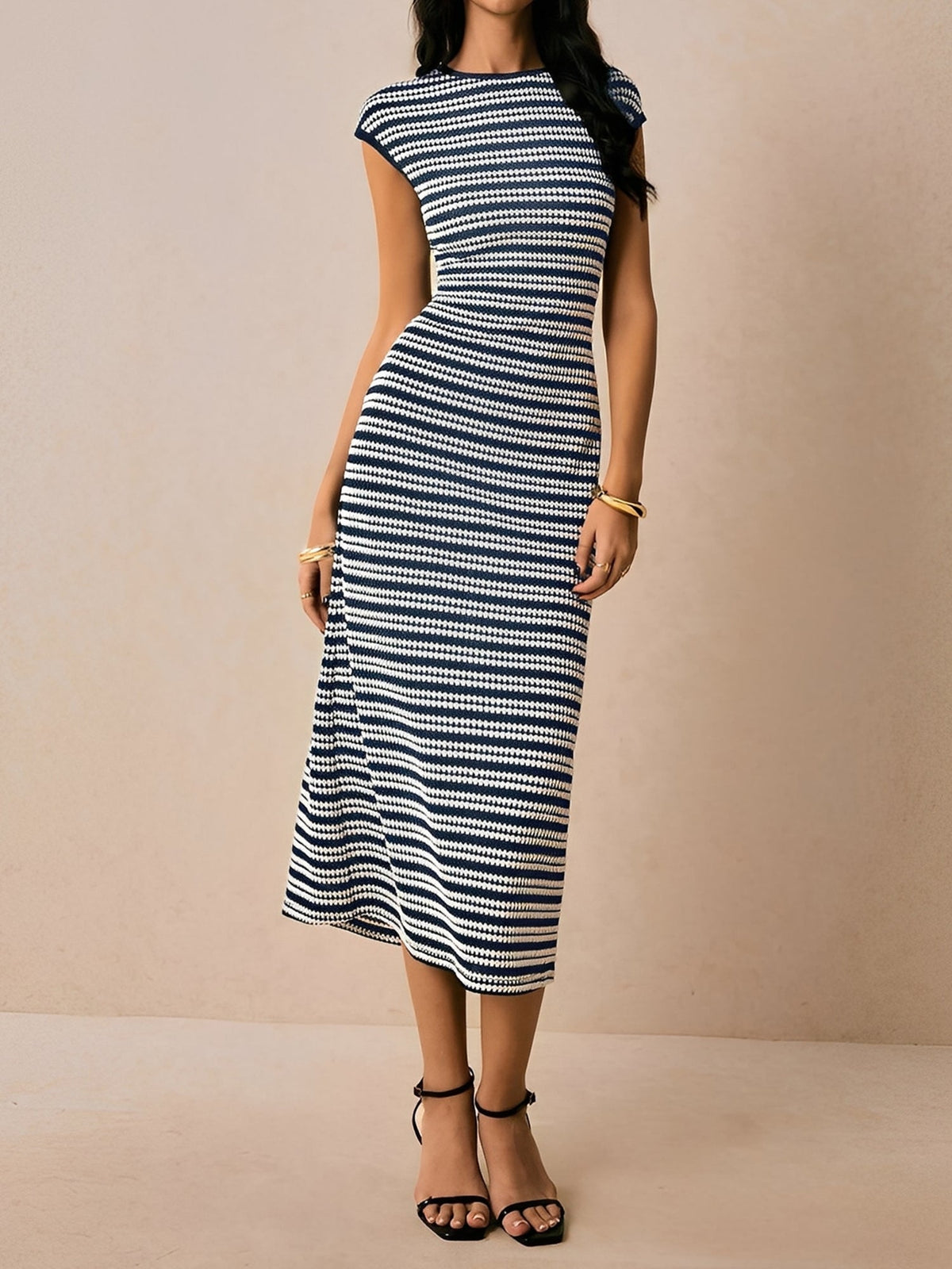 Striped Textured Boat Neck Cap Sleeves Dress