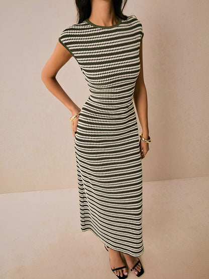 Striped Textured Boat Neck Cap Sleeves Dress