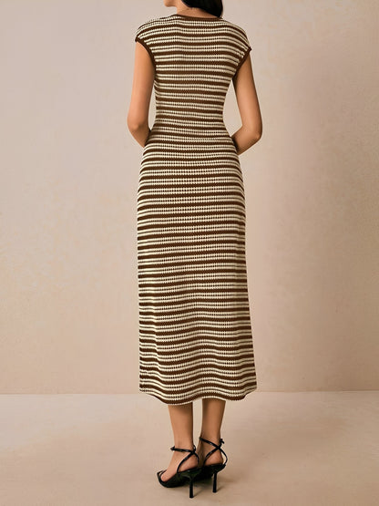 Striped Textured Boat Neck Cap Sleeves Dress