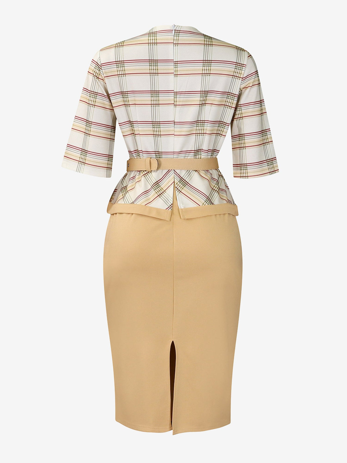 Work Patchwork 3/4 Sleeves Plaid Midi Sheath Dress