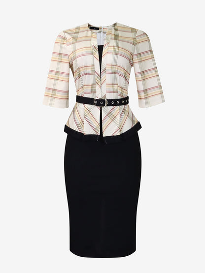 Work Patchwork 3/4 Sleeves Plaid Midi Sheath Dress