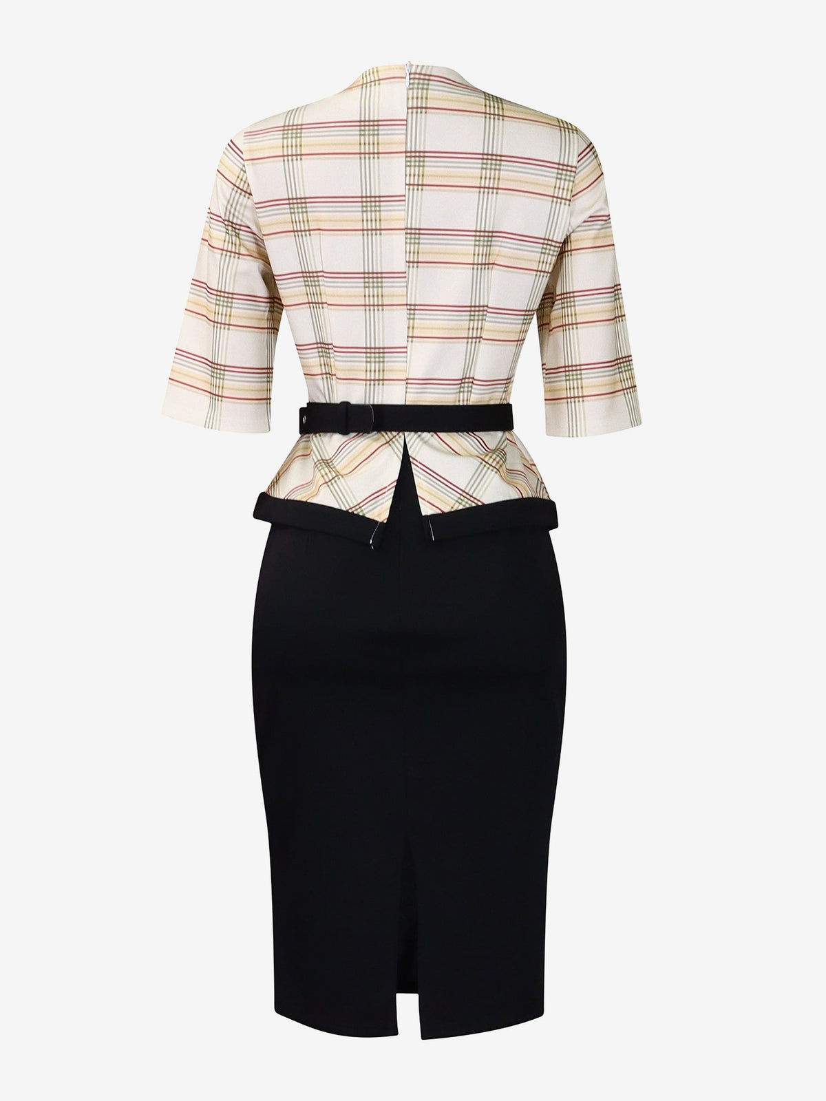 Work Patchwork 3/4 Sleeves Plaid Midi Sheath Dress