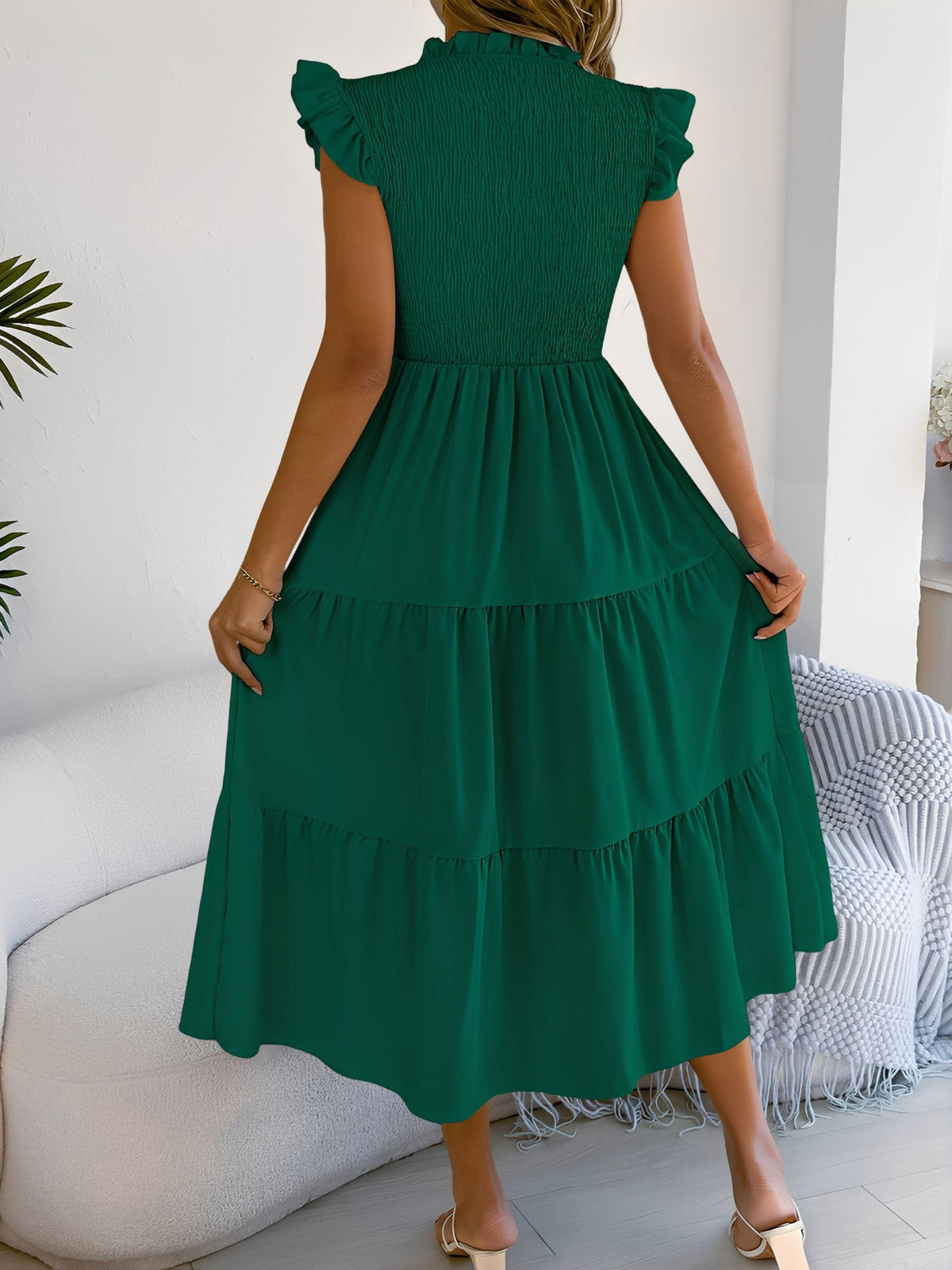Ruffled Cap Sleeve Smocked Tiered A-Line Dress