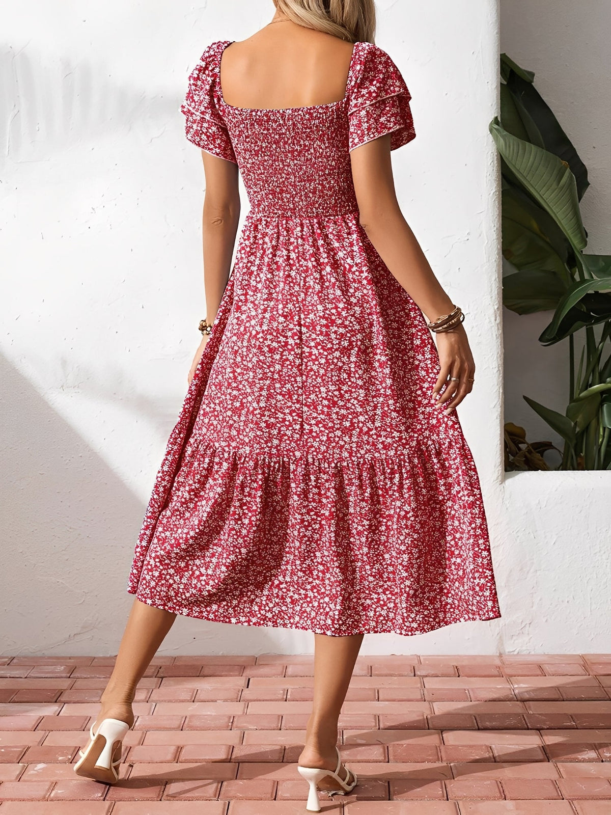 Square Neck Floral Smocked Off Shoulder A-Line Dress
