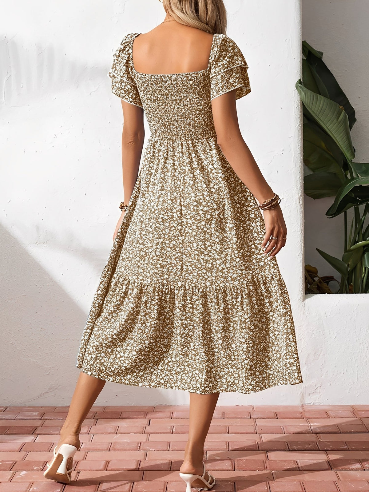 Square Neck Floral Smocked Off Shoulder A-Line Dress