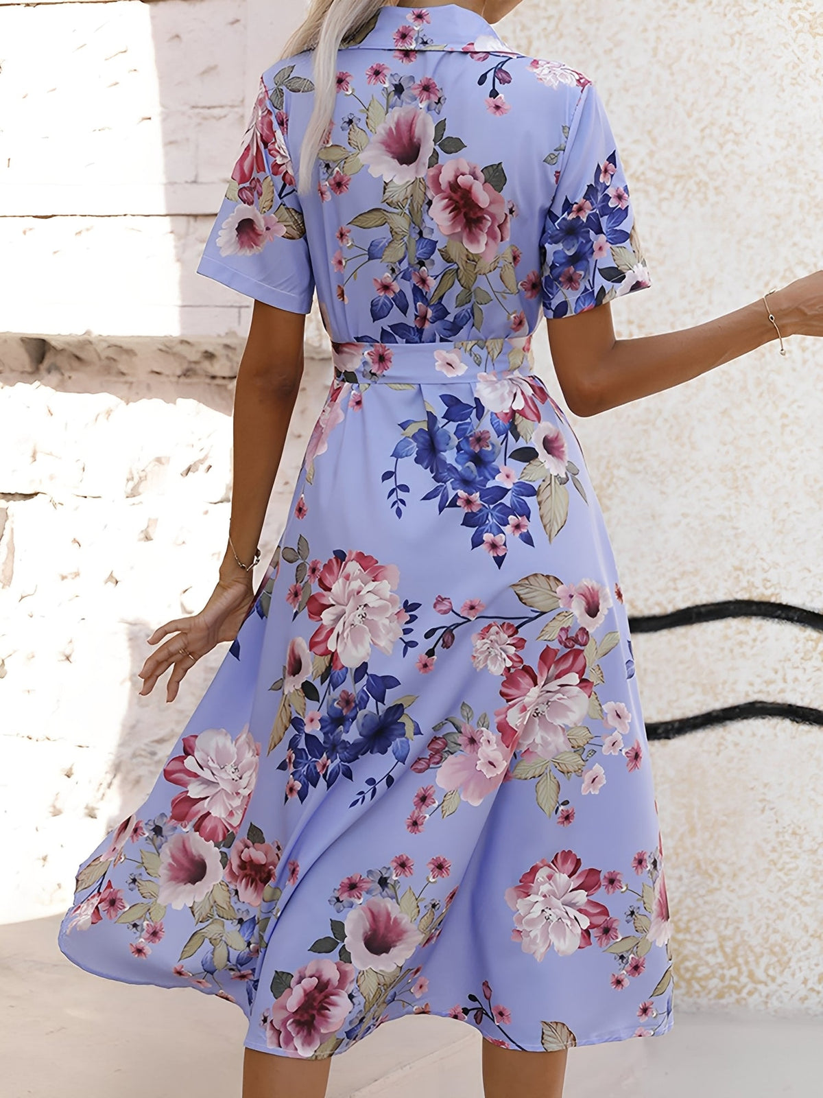 Floral Button Down Lace-Up Belted Shirt Dress