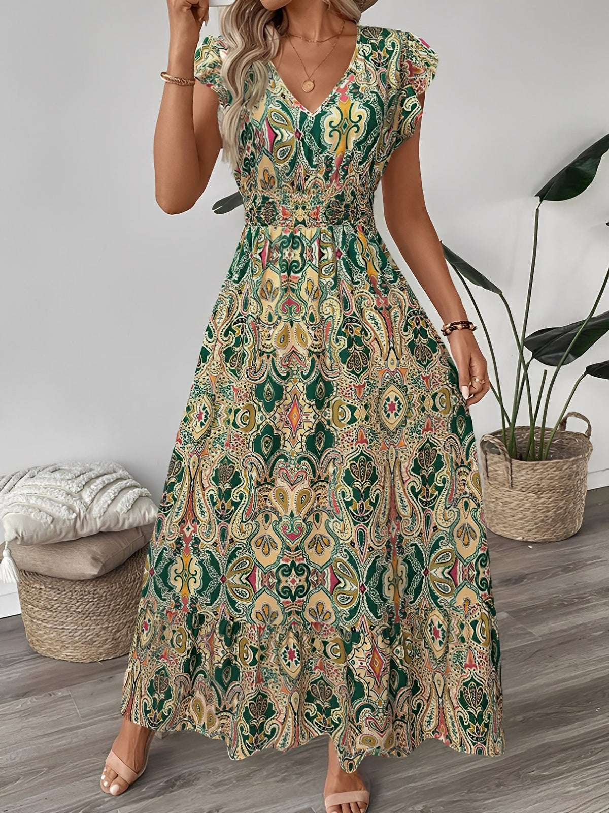 Boho Floral V Neck Ruffle Sleeves Smocked Long Dress
