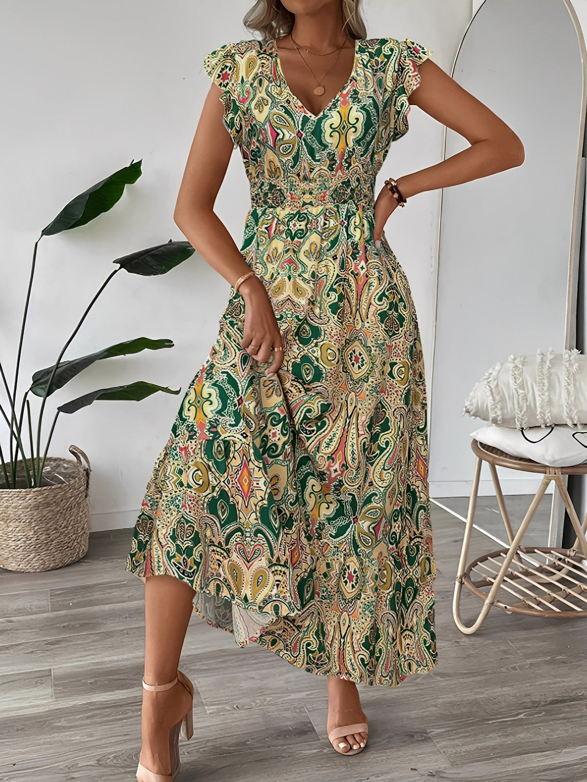 Boho Floral V Neck Ruffle Sleeves Smocked Long Dress