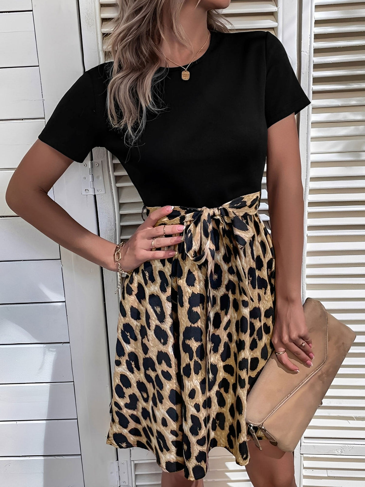 Leopard Patchwork Short Sleeves Tie Waist Dress